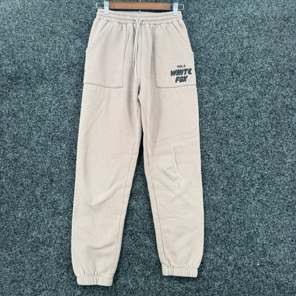 White Fox Vol 3 Tan Beige Puff Print Logo Sweatpants Joggers XS
